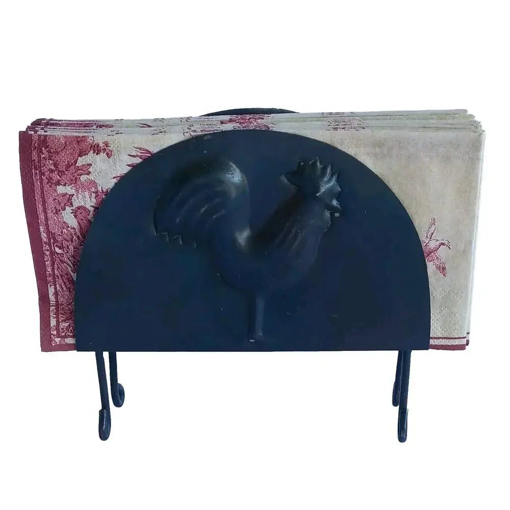 Farmhouse Napkin Metal Holder w/Toile Napkins Imprinted Rooster Primitive